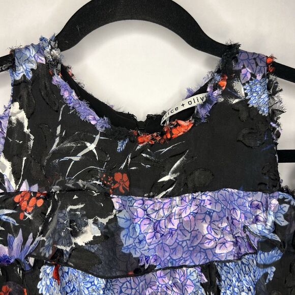 Alice + Olivia Size 10 Nichola Black Blue Red Cold Shoulder Ruffled Floral Dress - Picture 4 of 16